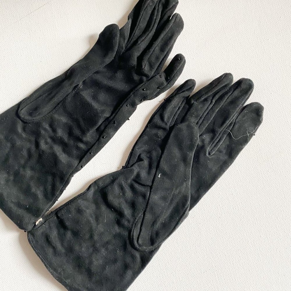 Vintage Black Stretchy Beaded Black Wrist Gloves Fine Quality 7 NEW Unused - Picture 3 of 6